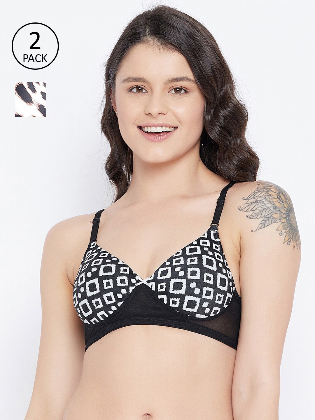 Clovia Black & White Set Of 2 Animal Print Heavily Padded Seamless T-Shirt Bra