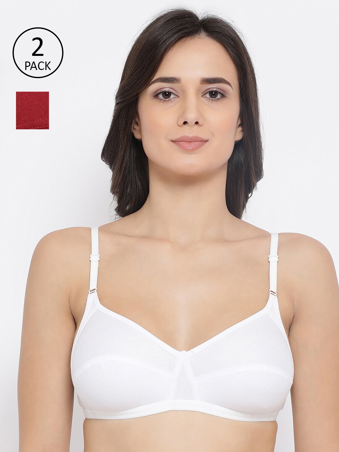 Clovia Set Of 2 Maroon & White Non Padded & Non Wired Cotton Bra