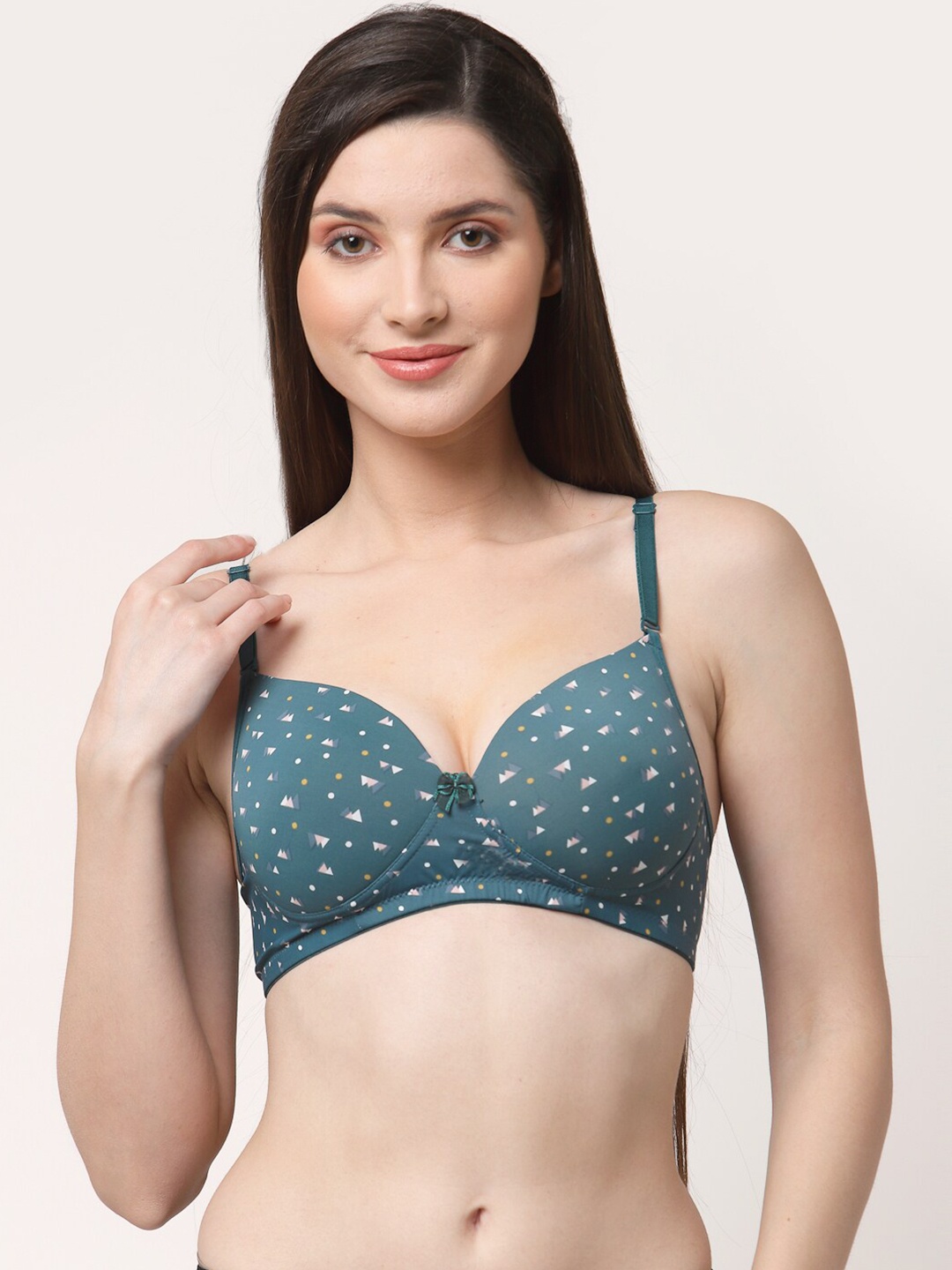 Floret Teal & White Printed Lightly Padded Push Up Bra