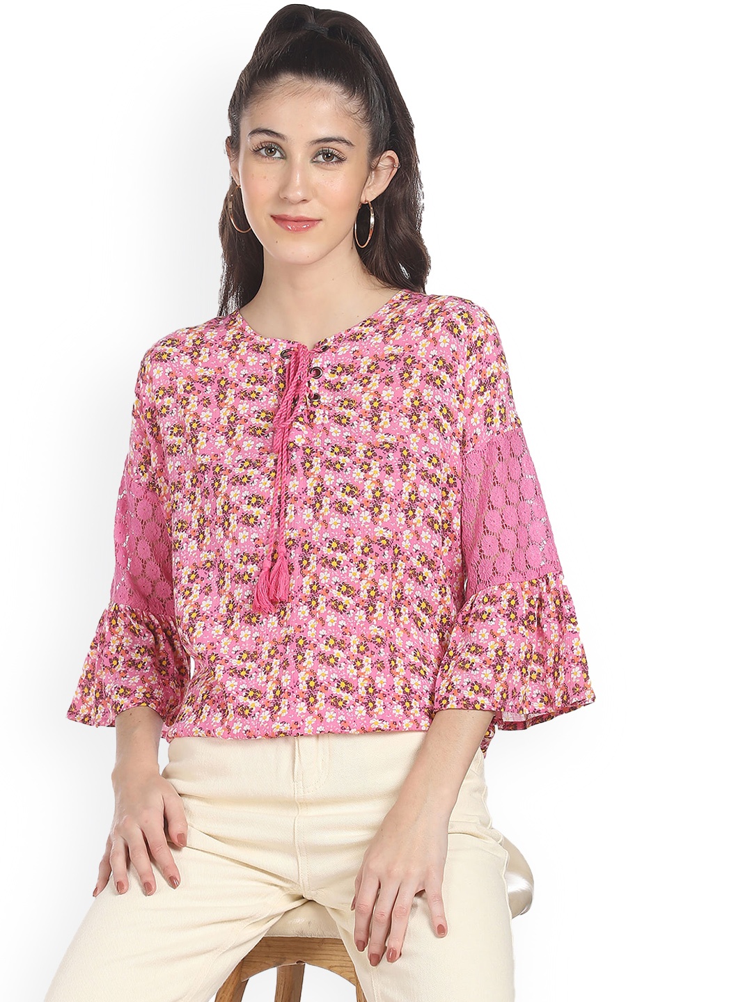 Sugr Pink Floral Print Tie-Up Neck Top