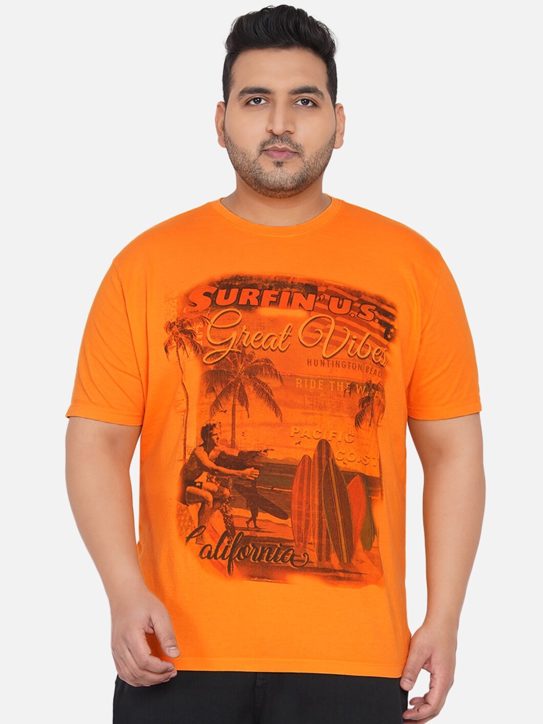 Santonio Men Plus Size Orange Printed Cotton T-shirt