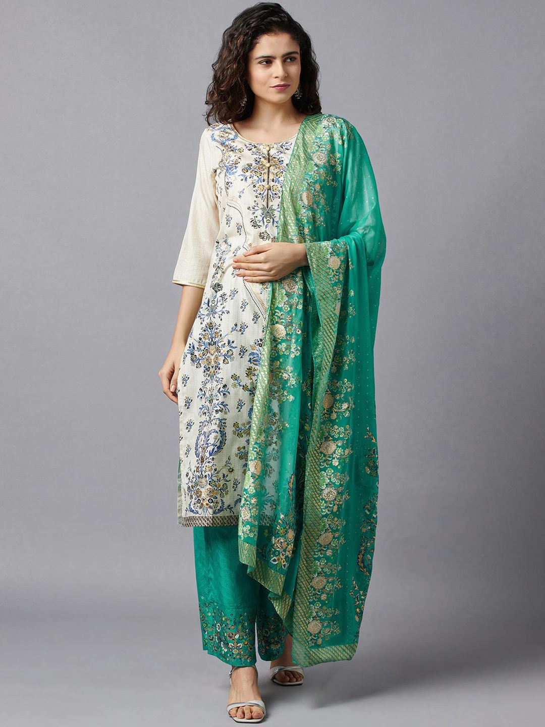 AURELIA Women White & Turquoise Blue Ethnic Motifs Printed Kurta with Palazzos & Dupatta
AURELIA Women White & Turquoise Blue Ethnic Motifs Printed Kurta with Palazzos & Dupatta