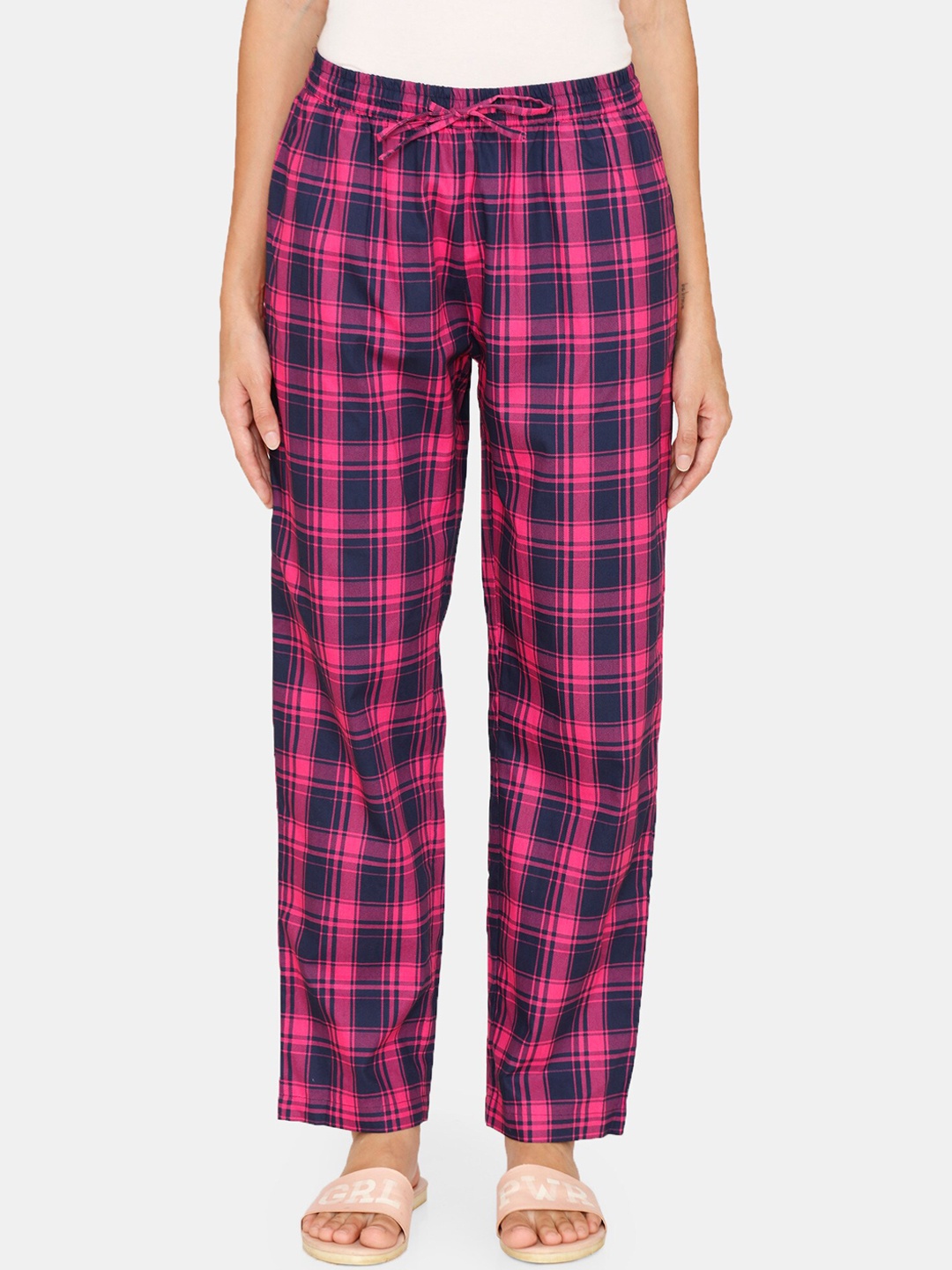 Coucou by Zivame Women Blue & Pink Checked Pure Cotton Lounge Pants