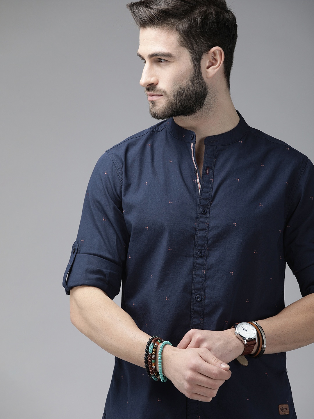 Roadster Men Navy Blue Printed Casual Shirt