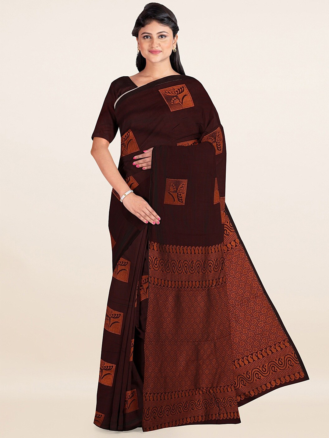 Pothys Brown & Golden Floral Zari Silk Cotton Saree
Pothys Brown & Golden Floral Zari Silk Cotton Saree