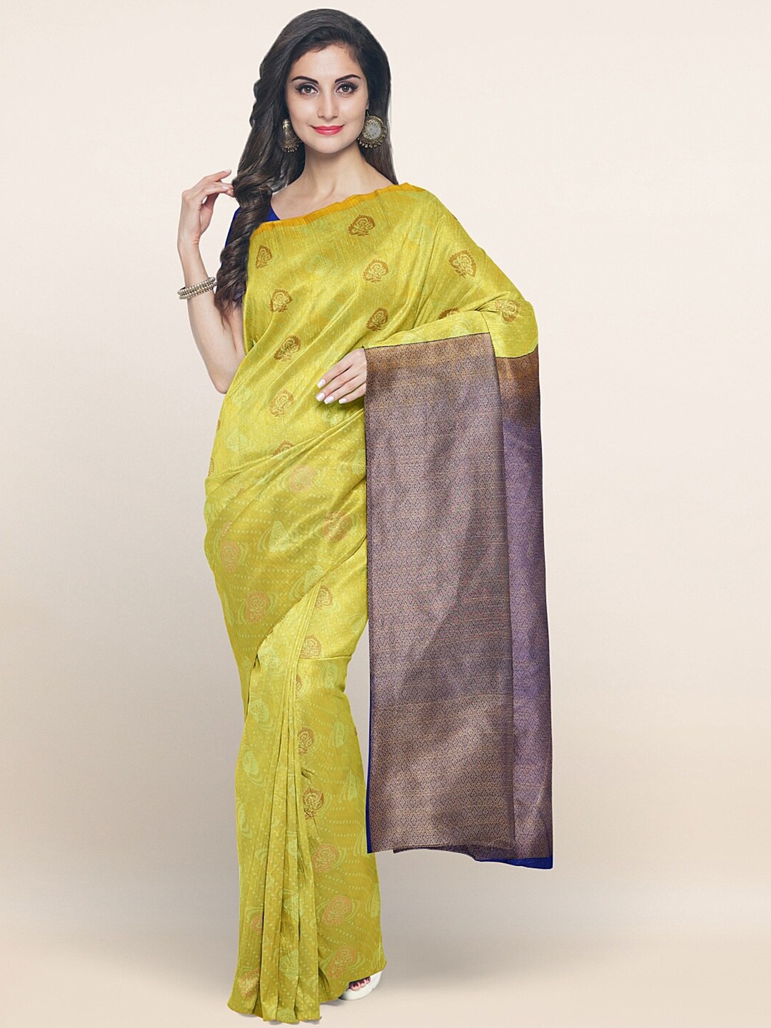 Pothys Yellow & Navy Blue Floral Zari Art Silk Saree