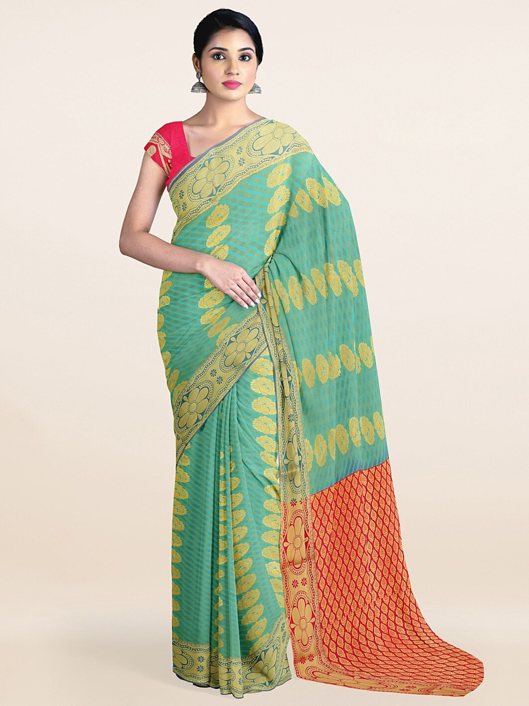Pothys Green & Red Woven Design Zari Art Silk Saree