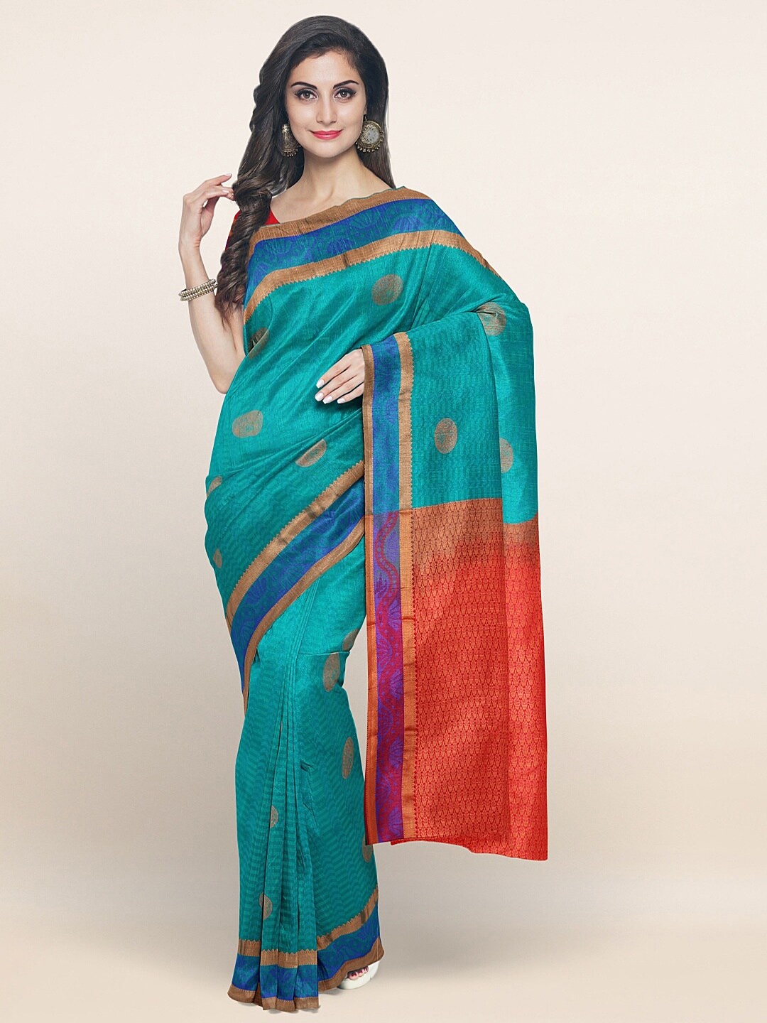 Pothys Blue & Red Ethnic Motifs Art Silk Saree