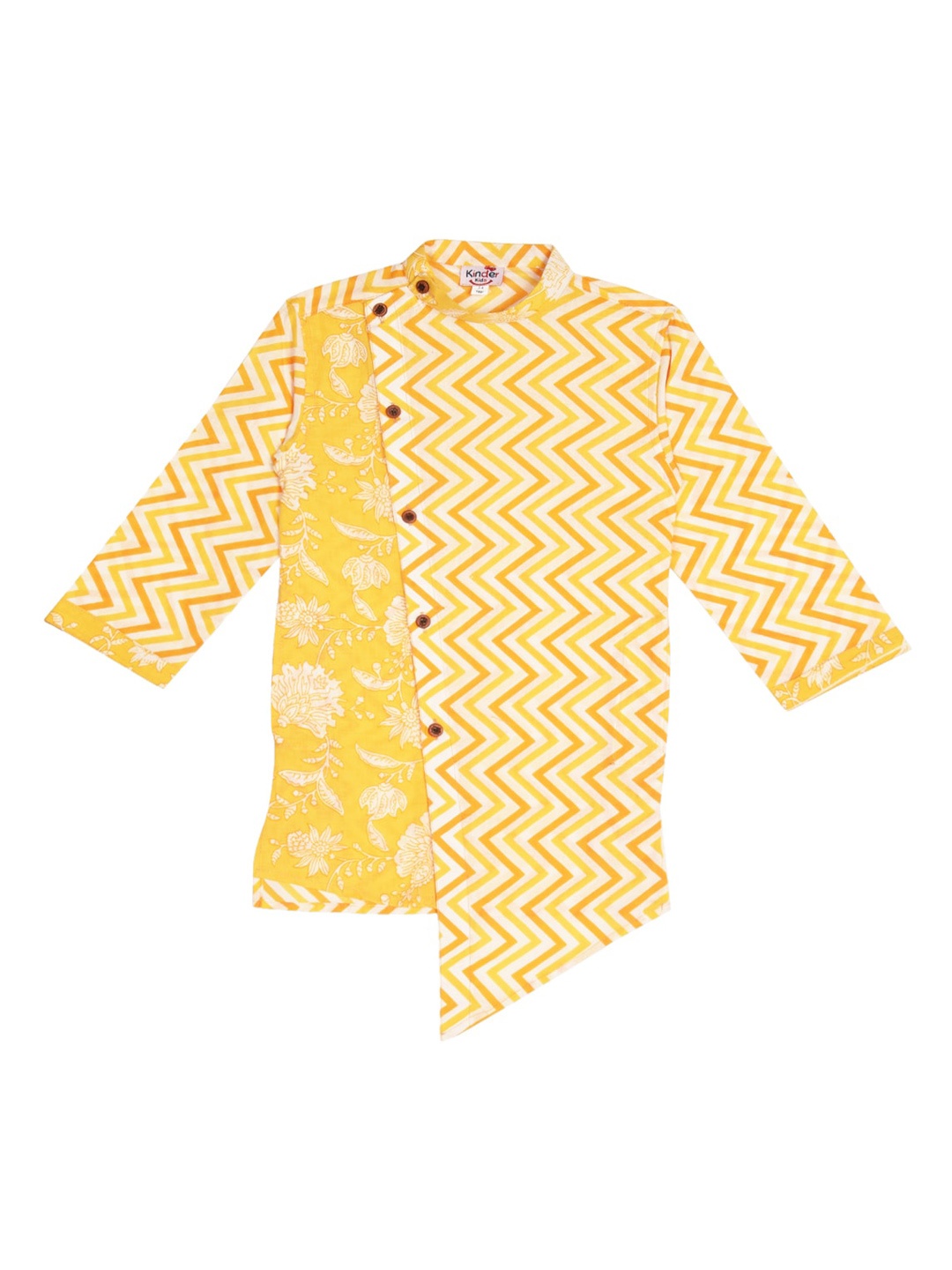 Kinder Kids Boys Yellow & White Geometric Printed Cotton Kurta
