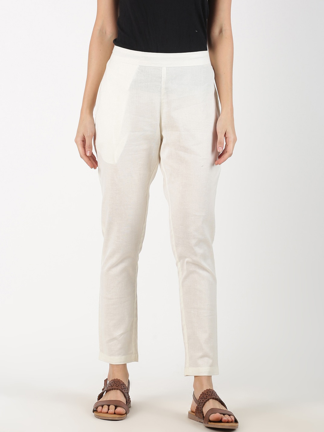 Saffron Threads Women Off White Solid Trousers
