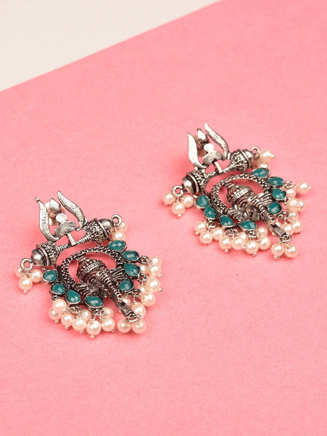 Indi INSIDE Green & Silver Plated Oxidised Drop Earrings