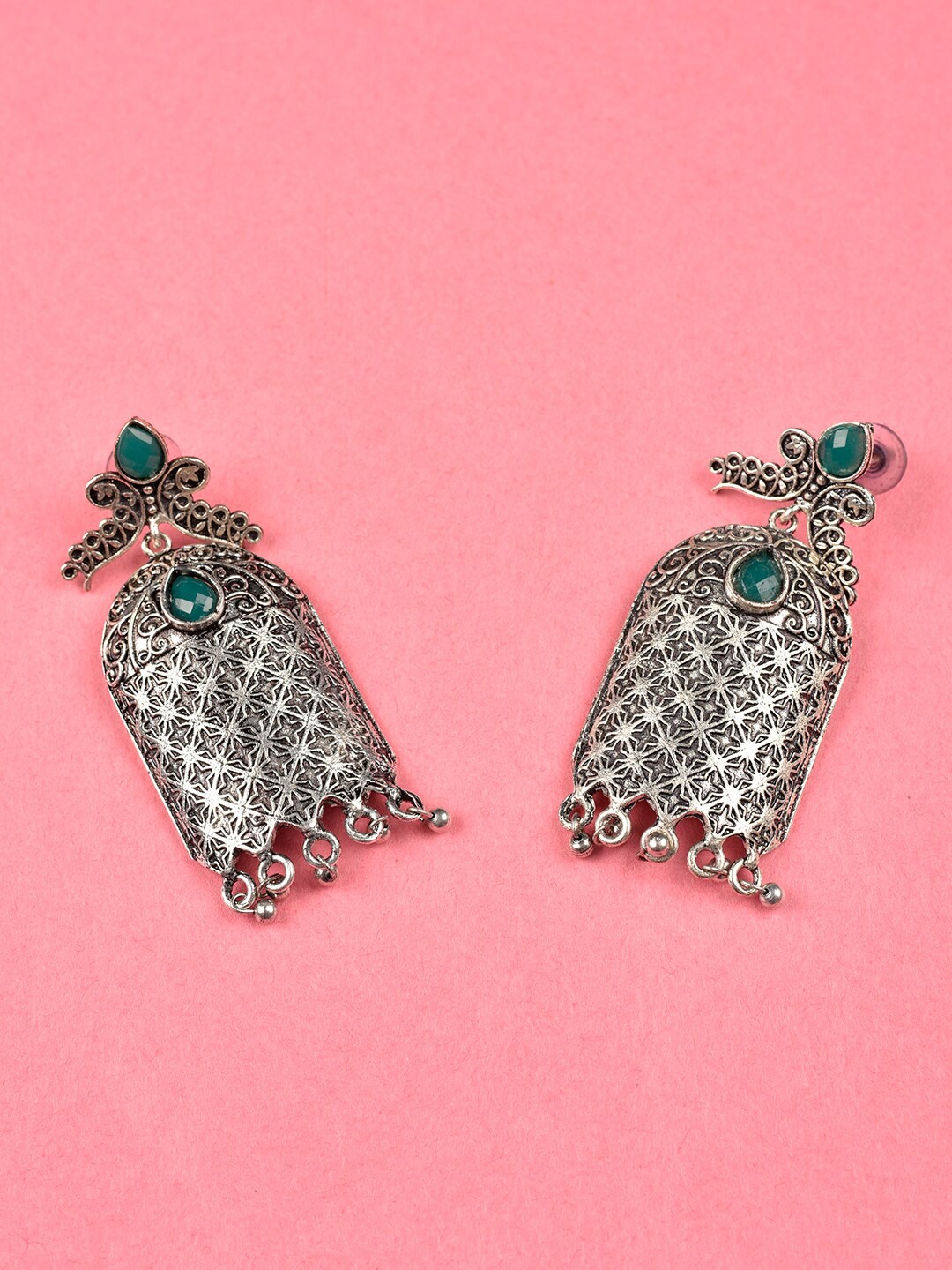 Indi INSIDE Green & Silver Plated Oxidised Geometric Drop Earrings