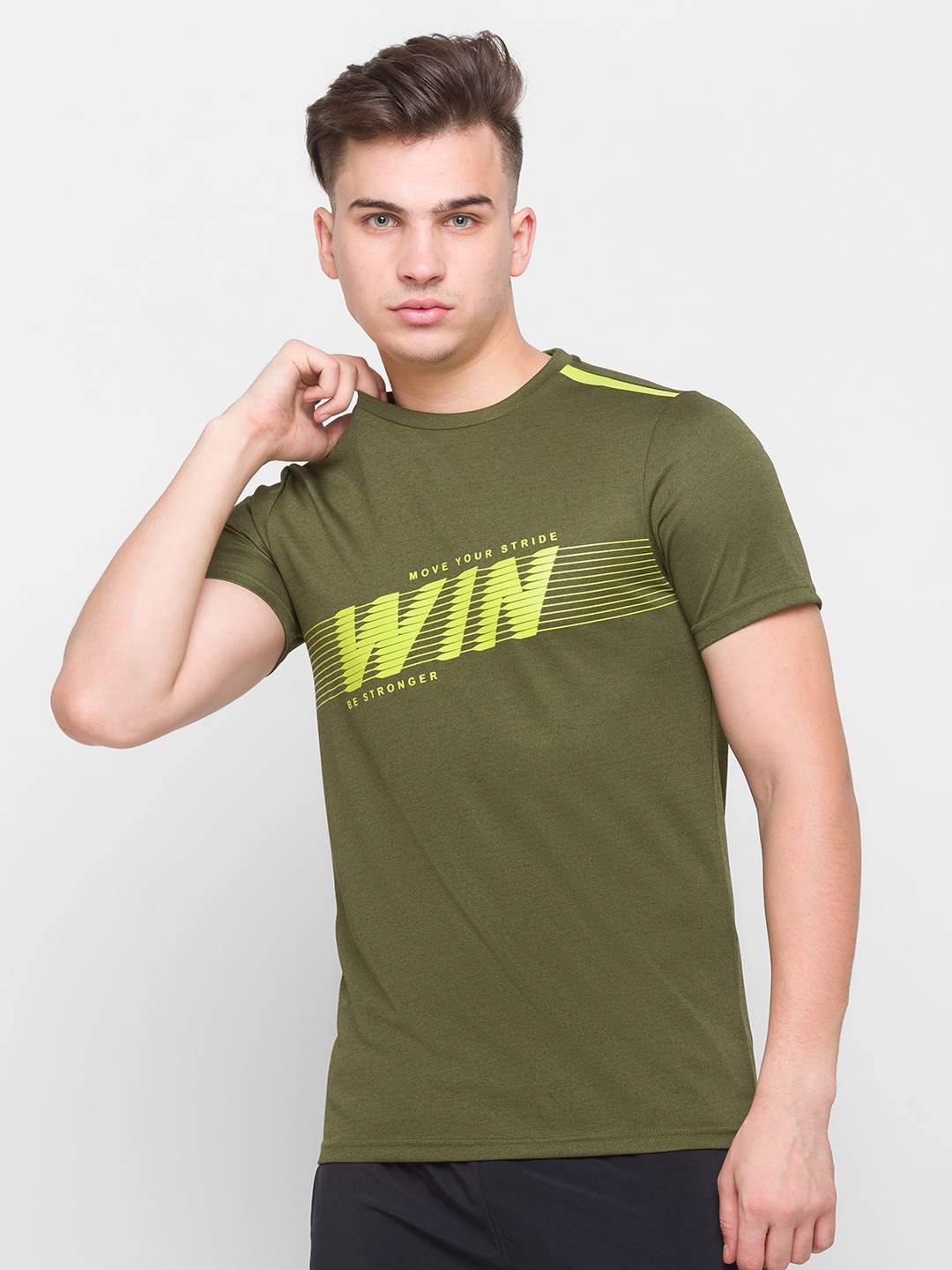 Globus Men Olive Green Typography Printed Slim Fit Dry Fit T-shirt