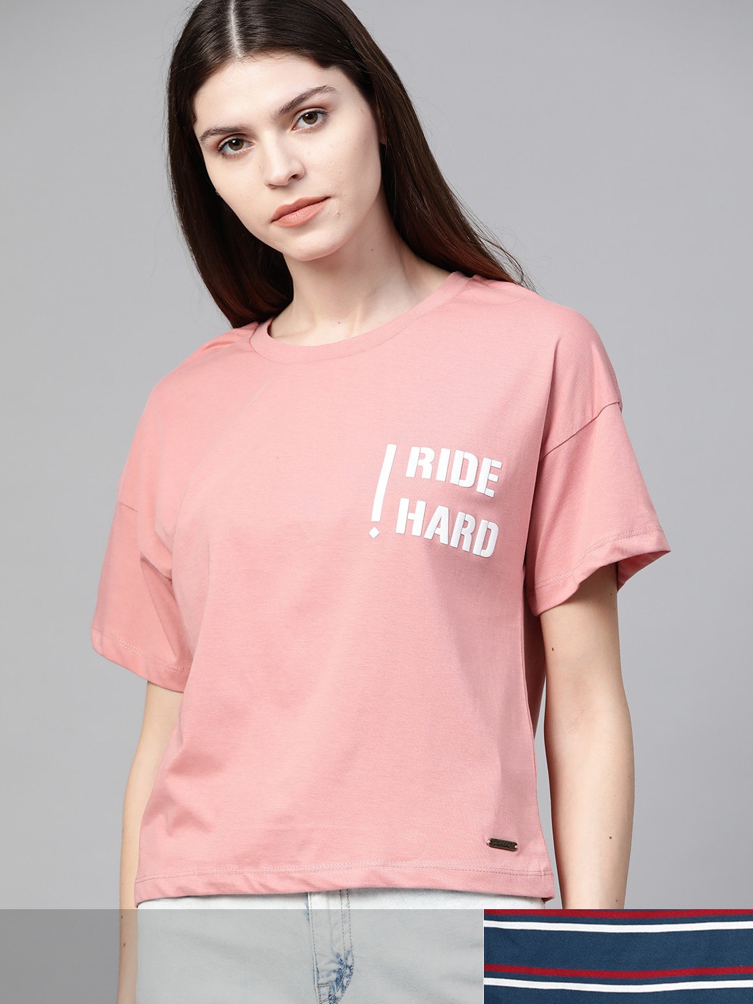 Roadster Women Navy Blue & Dusty Pink Pack Of 2 Striped & Printed Round Neck T-shirts
Roadster Women Navy Blue & Dusty Pink Pack Of 2 Striped & Printed Round Neck T-shirts