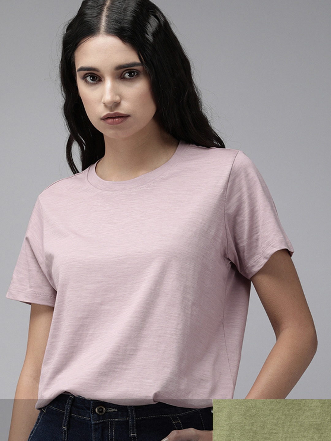Roadster Women Pack of 2 Solid T-shirts, Olive
