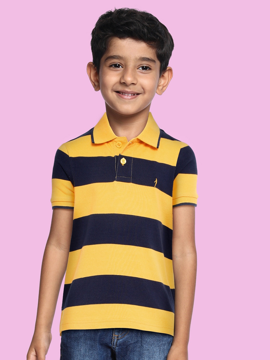 Indian Terrain Boys Mustard Yellow & Navy Blue Striped Polo Collar Pure Cotton T-shirt
Indian Terrain Boys Mustard Yellow & Navy Blue Striped Polo Collar Pure Cotton T-shirt