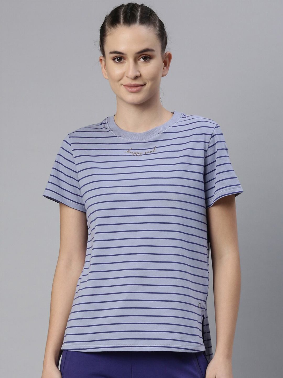 Enamor Women Blue Striped Antimicrobial Outdoor Cotton T-shirt