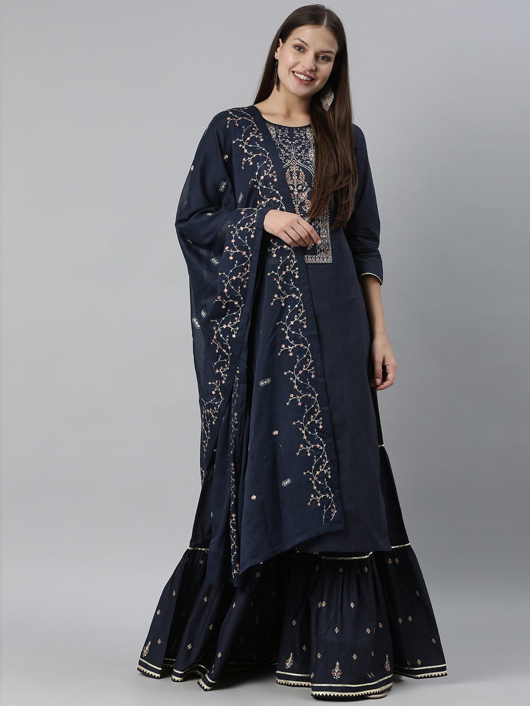 SheWill Women Blue Ethnic Motifs Yoke Design Pure Cotton Kurta with Sharara & With Dupatta
SheWill Women Blue Ethnic Motifs Yoke Design Pure Cotton Kurta with Sharara & With Dupatta