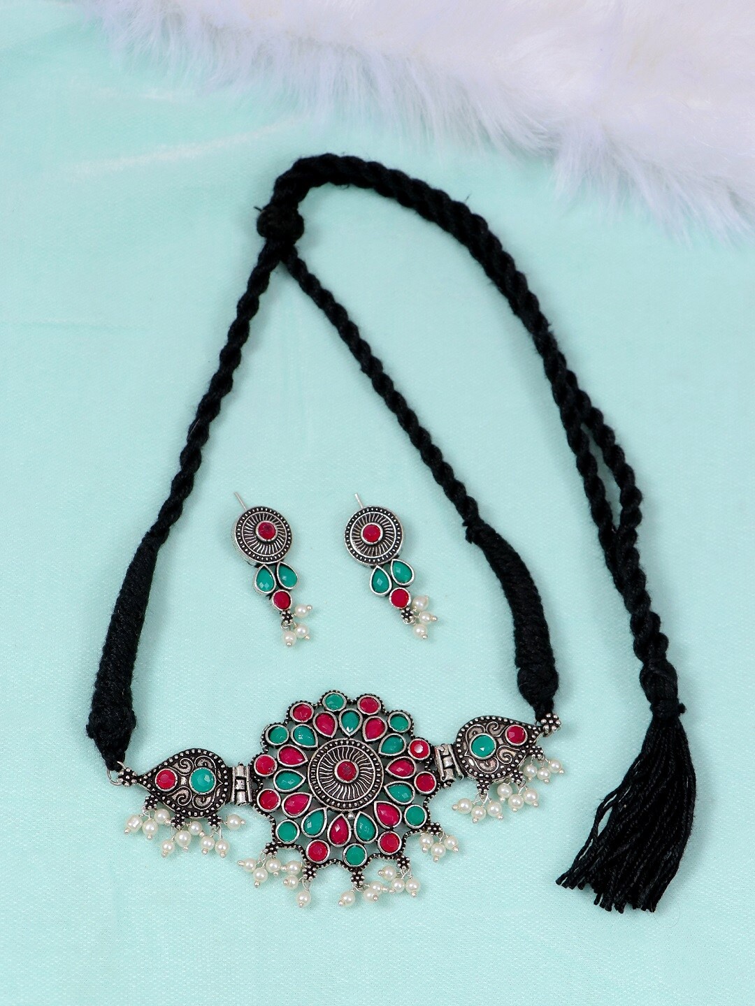 Crunchy Fashion Oxidised Silver-Plated Green & Pink Kundan-Studded & Beaded Jewellery Set
Crunchy Fashion Oxidised Silver-Plated Green & Pink Kundan-Studded & Beaded Jewellery Set