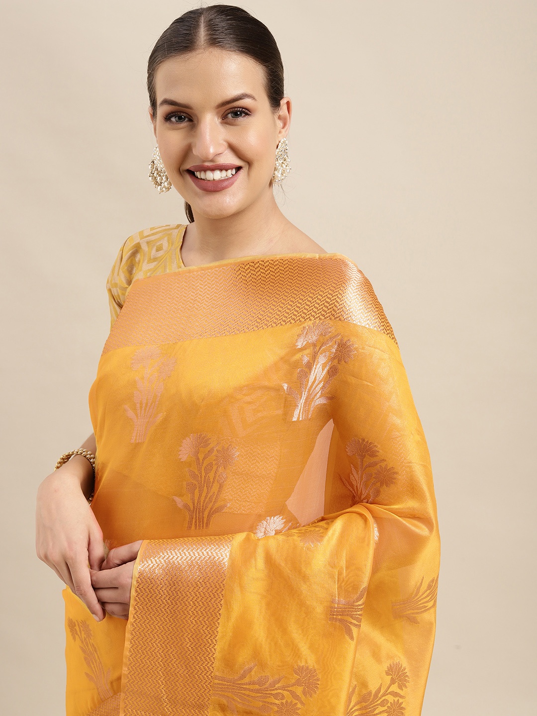 Mitera Mustard Yellow Ethnic Motifs Zari Organza Kanjeevaram Saree