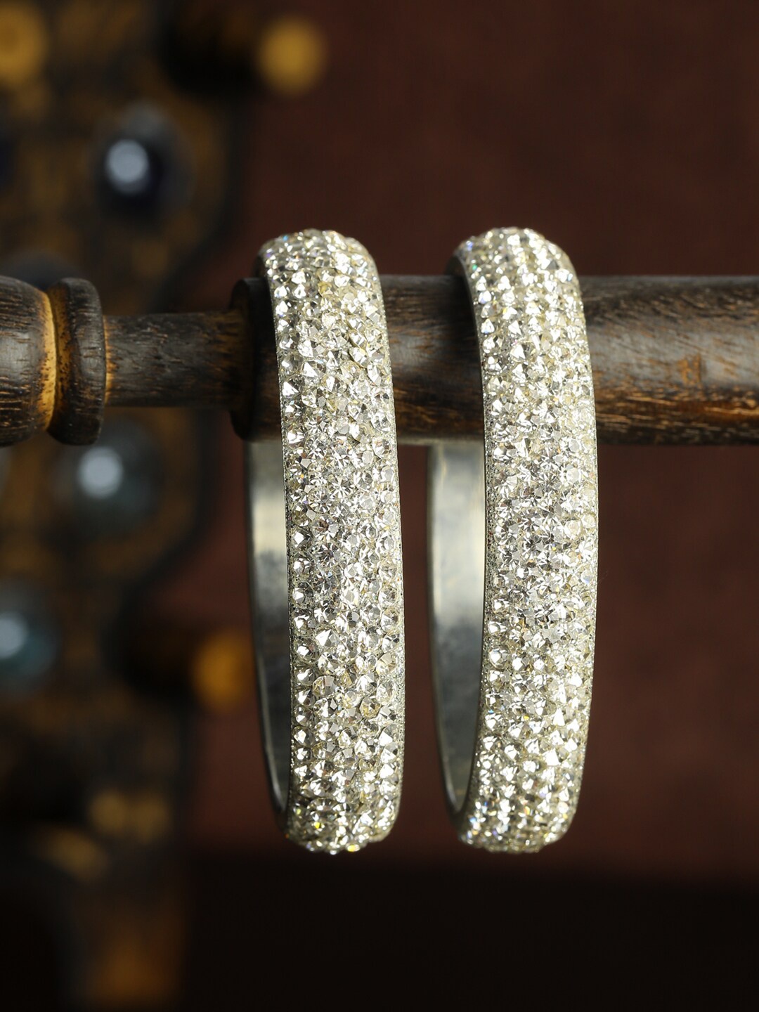 Priyaasi Set of 2 Silver-Plated Stone Studded Bangle Set