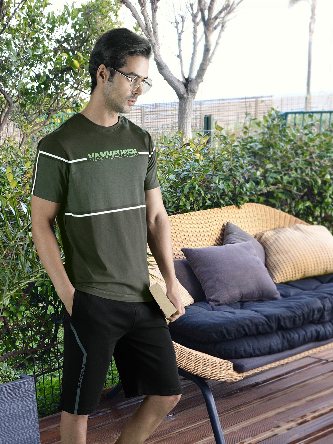 Van Heusen Flex Active Fit Brand Logo Printed Yoga T-shirt, Olive