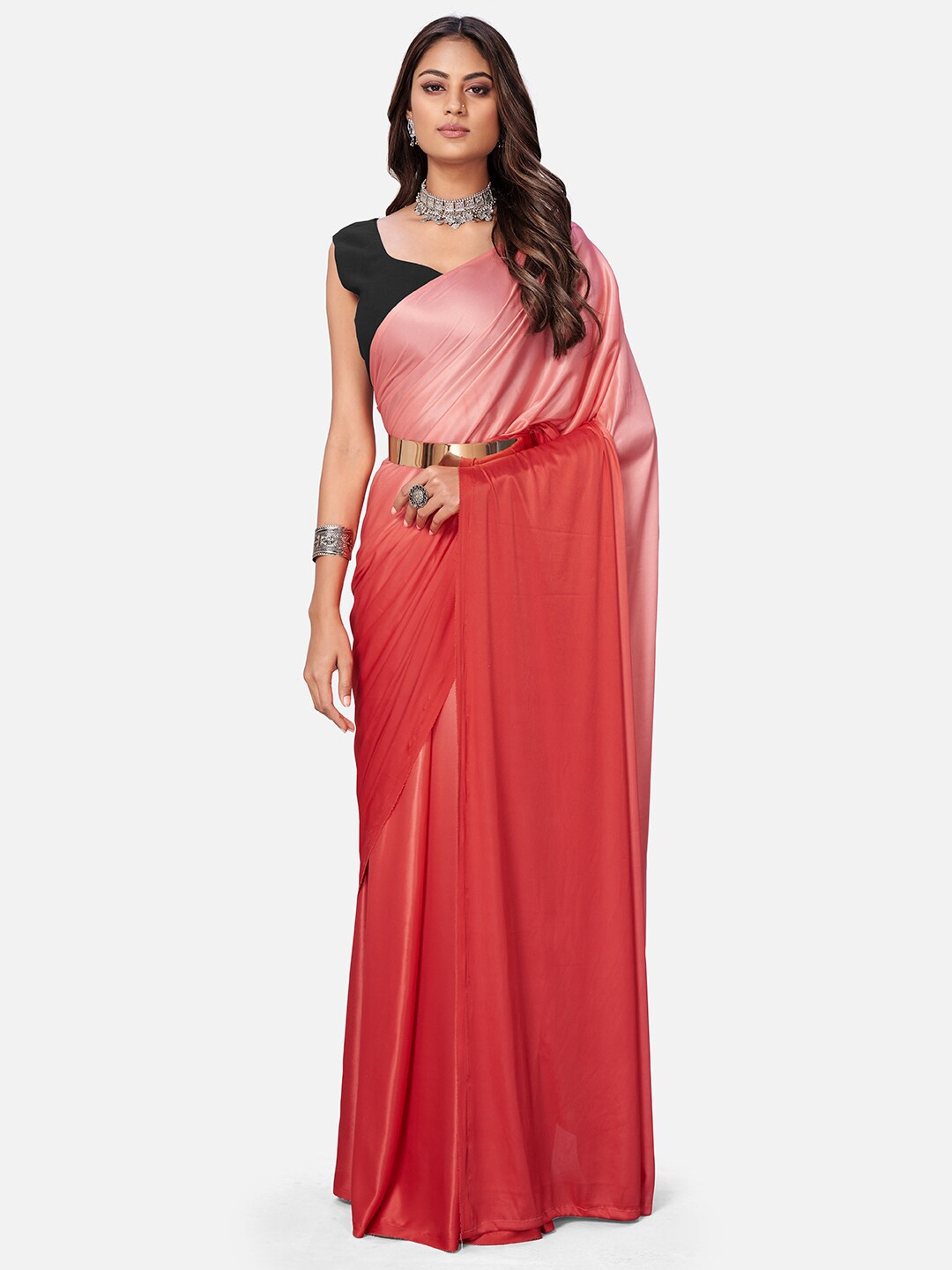 SHOPGARB Orange & Red Tie and Dye Ready to Wear Saree