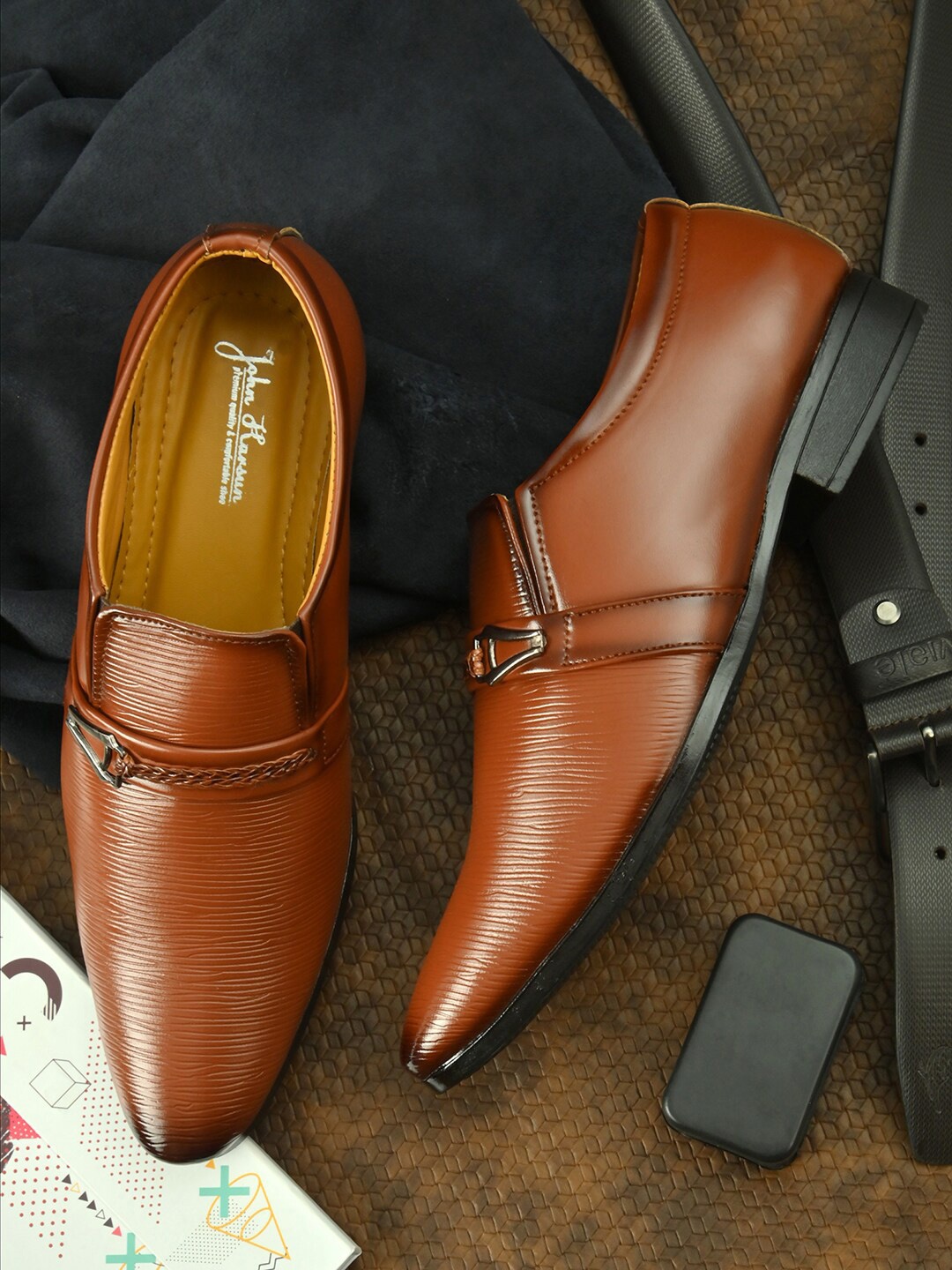 John Karsun Men Tan Brown Solid Formal Slip-On Shoes