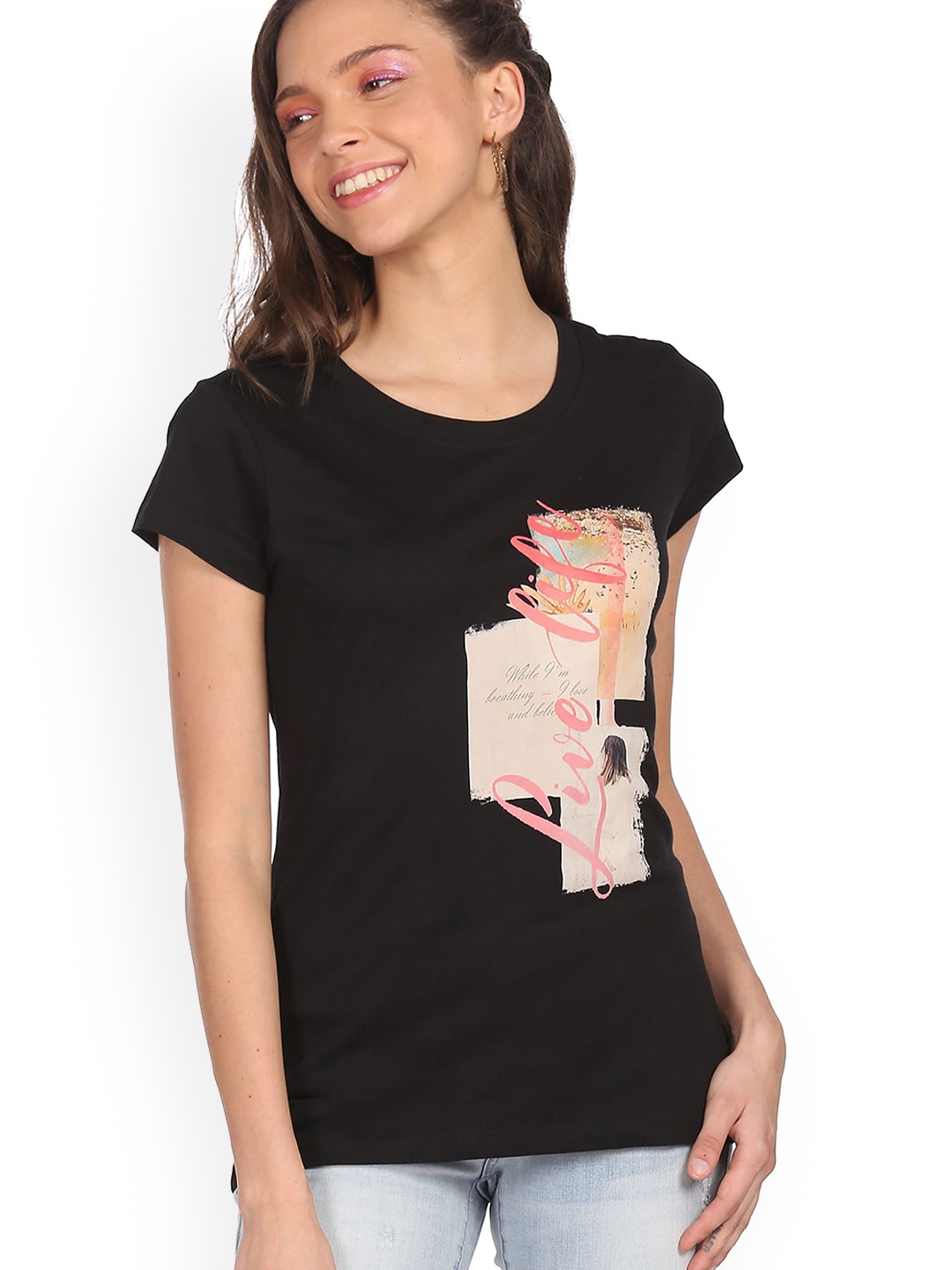Sugr Women Black Graphic Printed Cotton T-shirt
