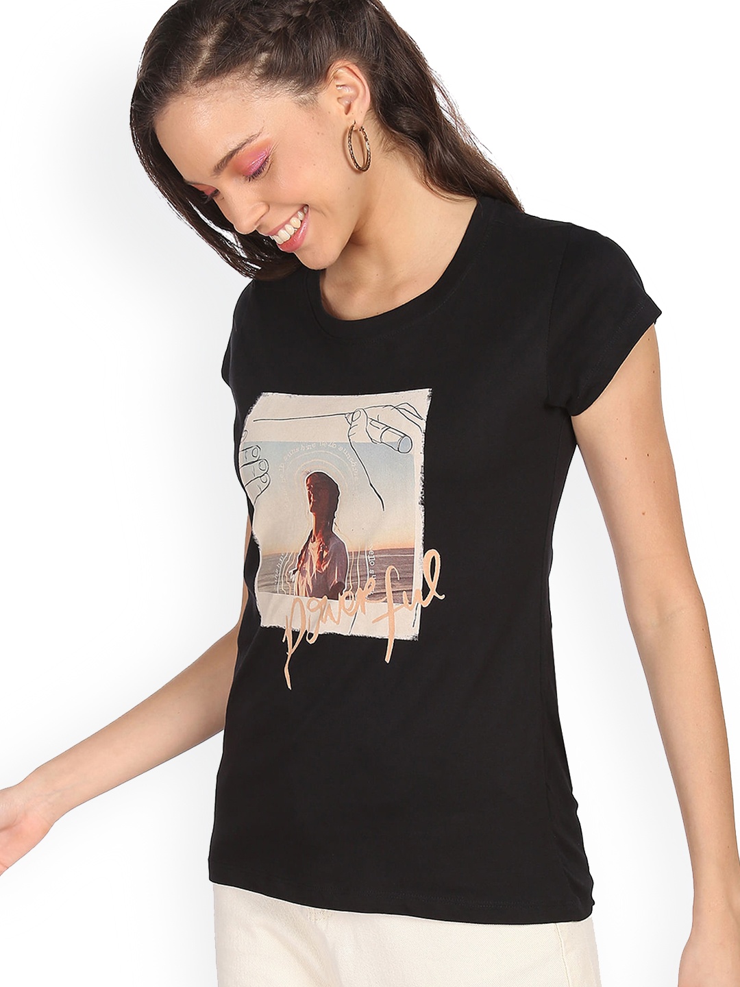 Sugr Women Black & Blue Printed Pure Cotton T-shirt