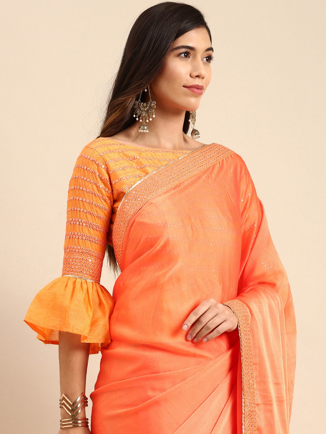 Anouk Orange Solid Sequinned Pure Chiffon Saree