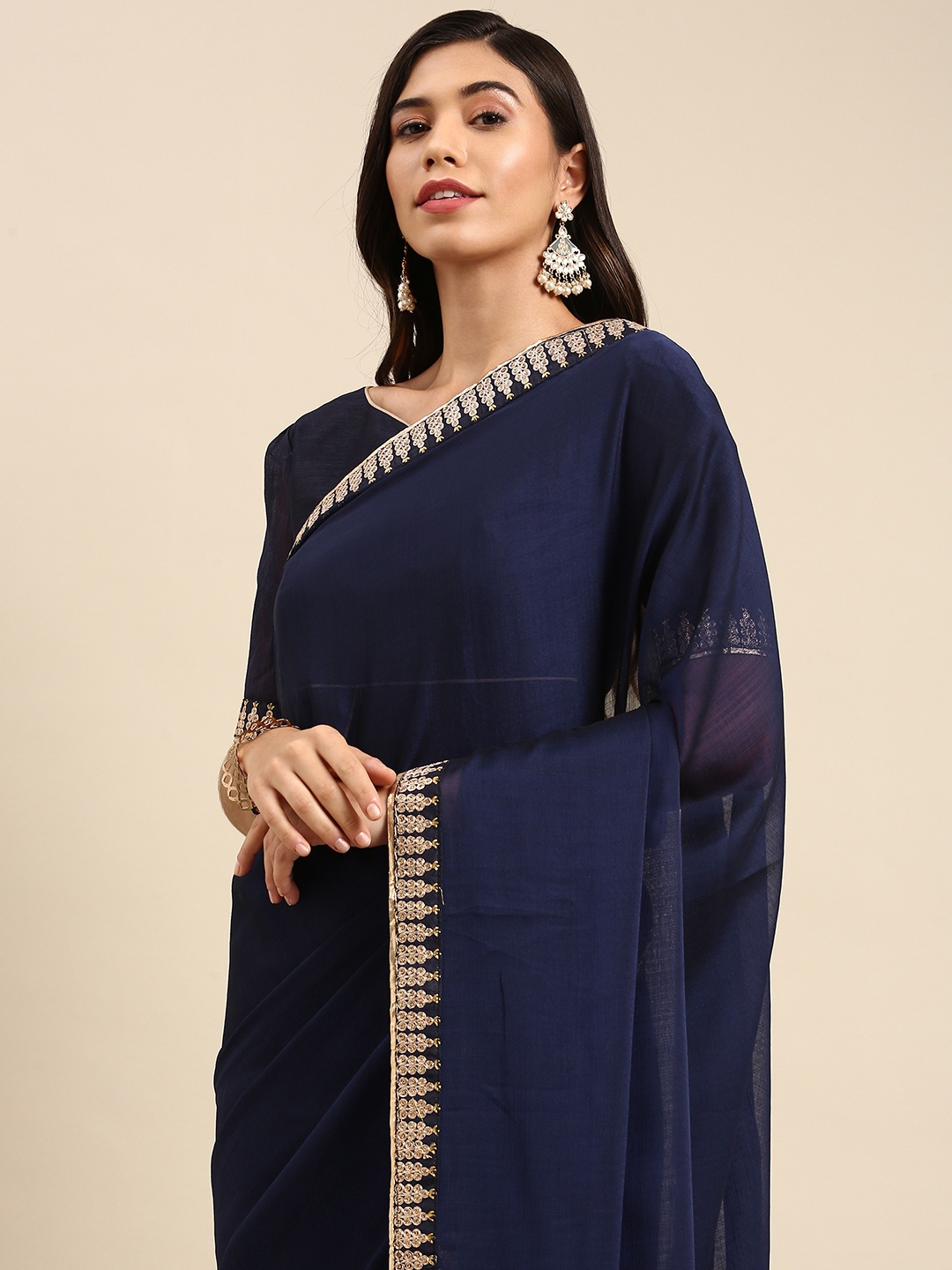 Anouk Navy Blue Solid Sequinned Pure Chiffon Saree