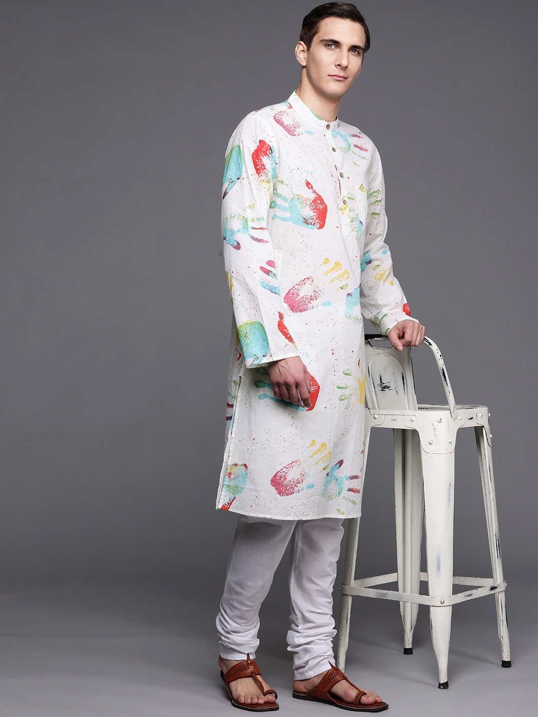 Fabindia Men White & Red Printed Pure Cotton Slim Fit Kurta