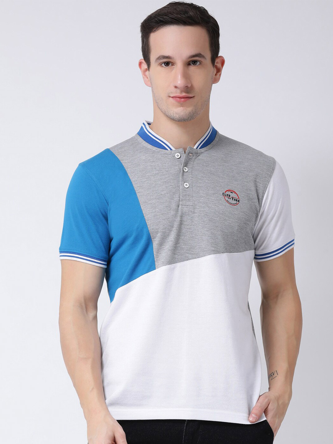 Club York Men White & Blue Colourblocked Mandarin Collar Cotton T-shirt
Club York Men White & Blue Colourblocked Mandarin Collar Cotton T-shirt