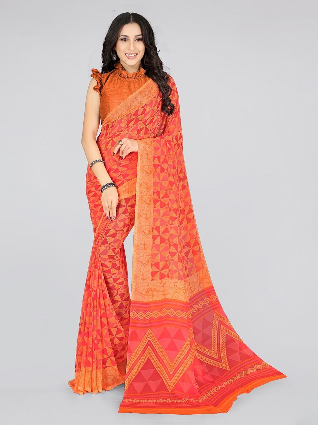 KALINI Orange & Pink Printed Saree