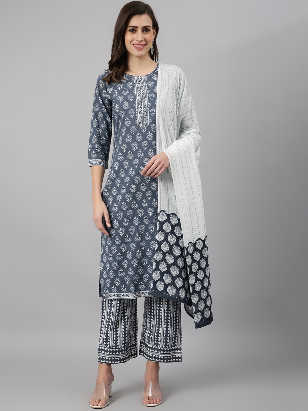 Azira Women Grey Ethnic Motifs Printed Pure Cotton Kurta with Palazzos & With Dupatta
Azira Women Grey Ethnic Motifs Printed Pure Cotton Kurta with Palazzos & With Dupatta
