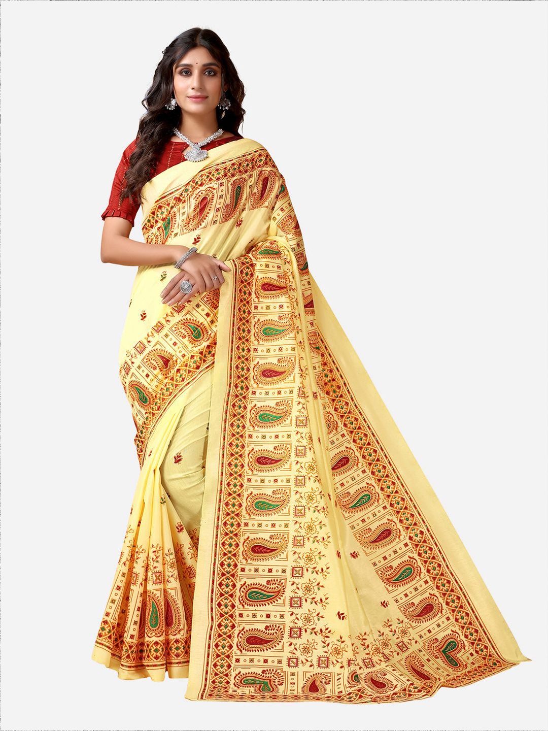 SIRIL Yellow & Red Ethnic Motifs Poly Silk Saree