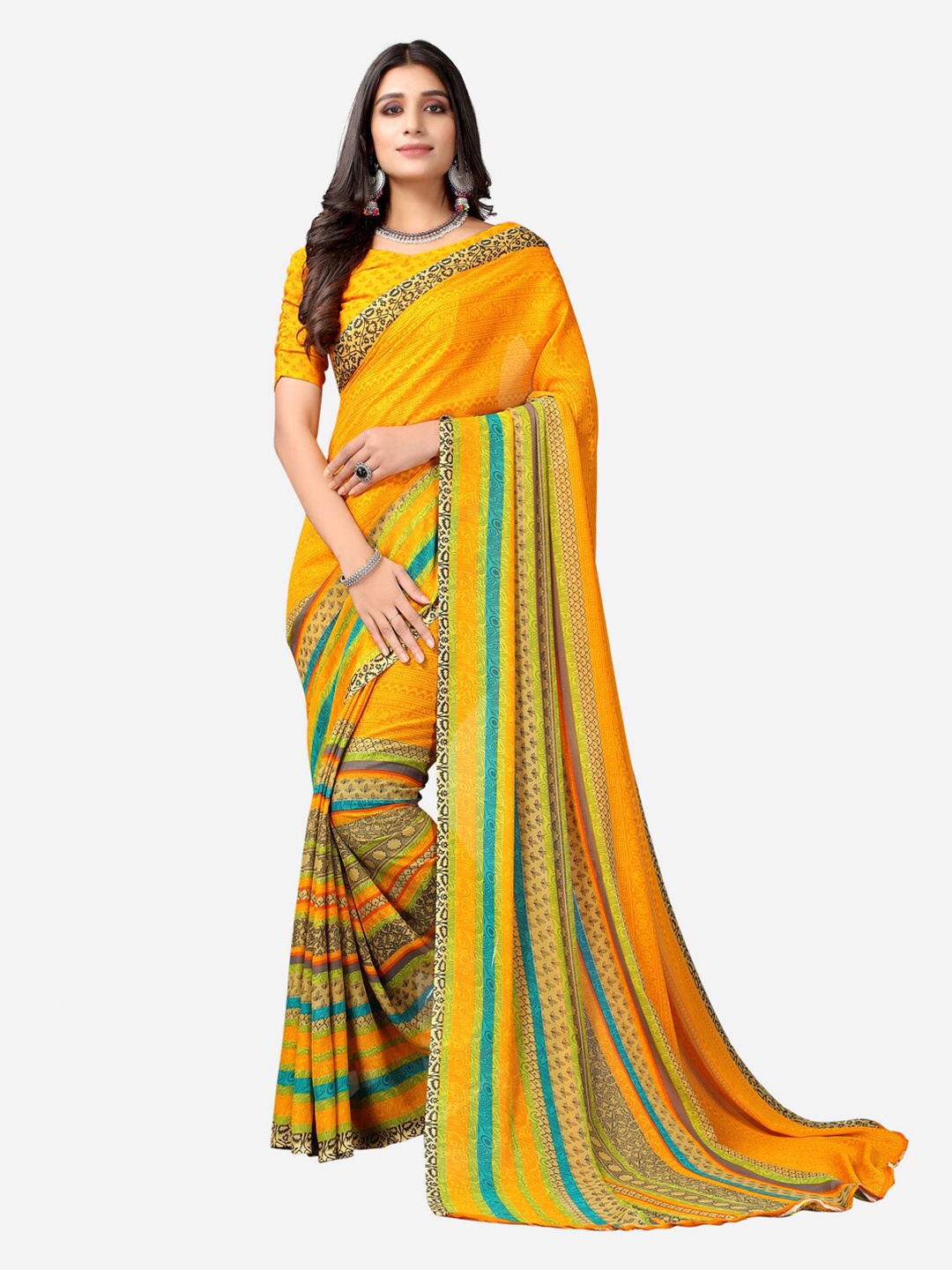 SIRIL Yellow & Blue Printed Saree
