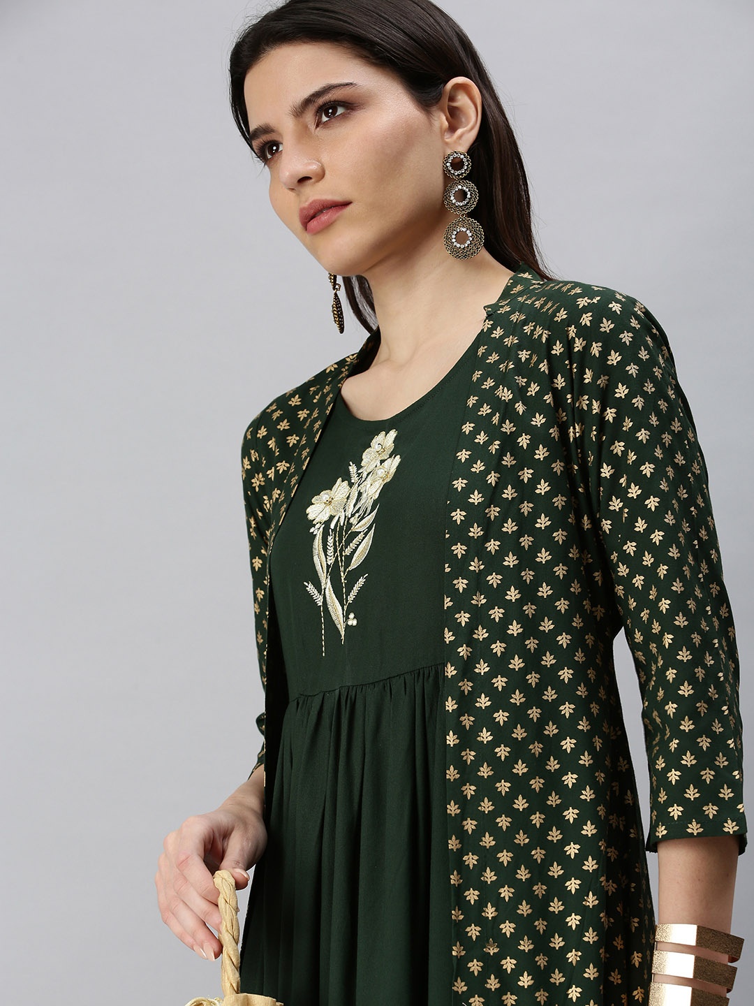SHOWOFF Olive Green & Golden Yoke Embroidered Ethnic Cotton A-Line Maxi Dress With Jacket
SHOWOFF Olive Green & Golden Yoke Embroidered Ethnic Cotton A-Line Maxi Dress With Jacket