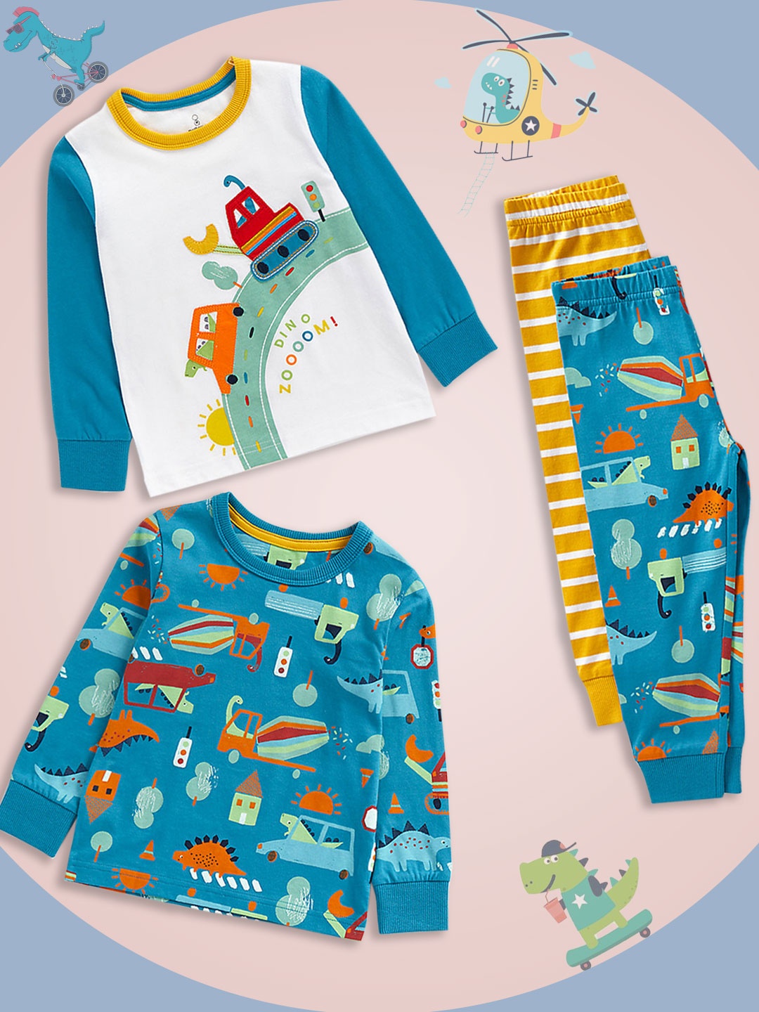 mothercare Boys Set Of 2 Printed Pure Cotton T-shirt with Pyjamas, Blue