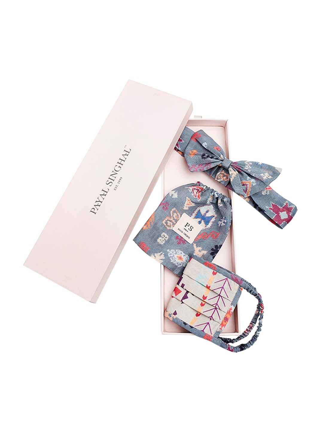 Payal Singhal Women Grey & Blue Bandhini Pleated 3 Ply Mask With Pouch & Hairband Set
Payal Singhal Women Grey & Blue Bandhini Pleated 3 Ply Mask With Pouch & Hairband Set