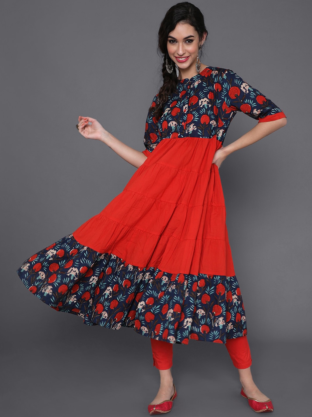 saubhagya Women Red & Navy Blue Floral Yoke Design Tiered Anarkali Kurta