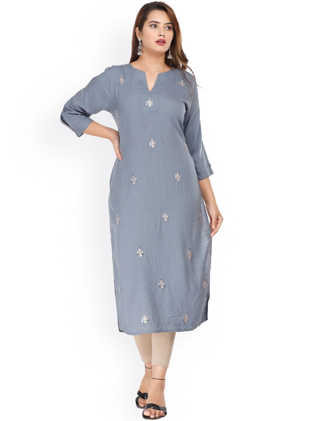 KALINI Women Grey Floral Embroidered Thread Work A-Line Kurta