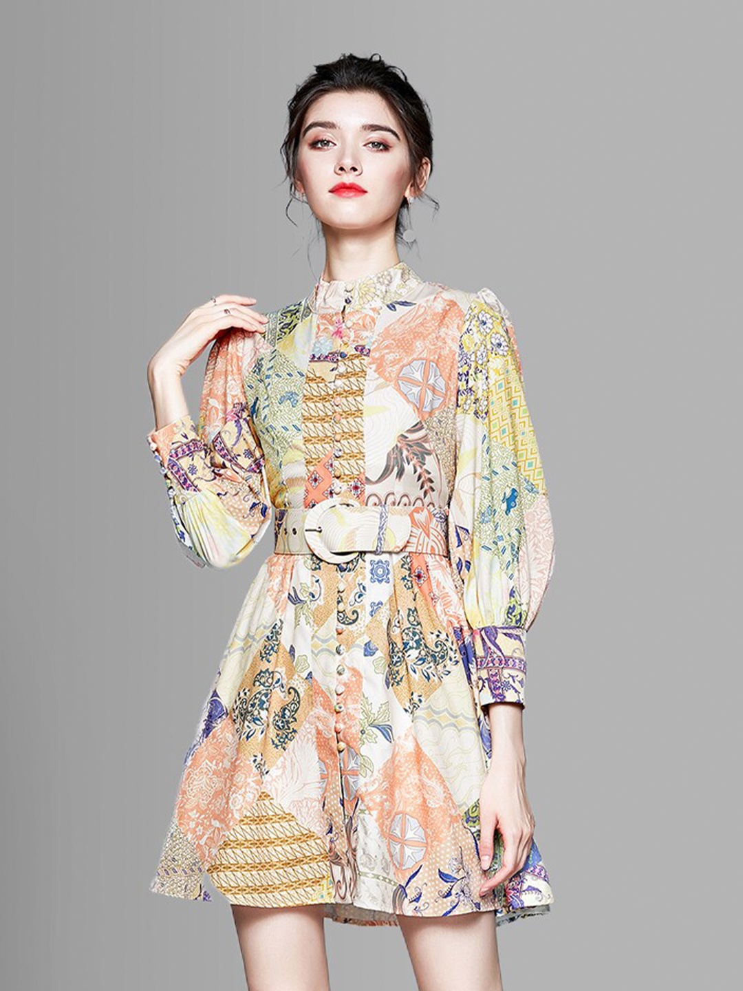 JC Collection Beige & Peach-Coloured Printed Belted Dress