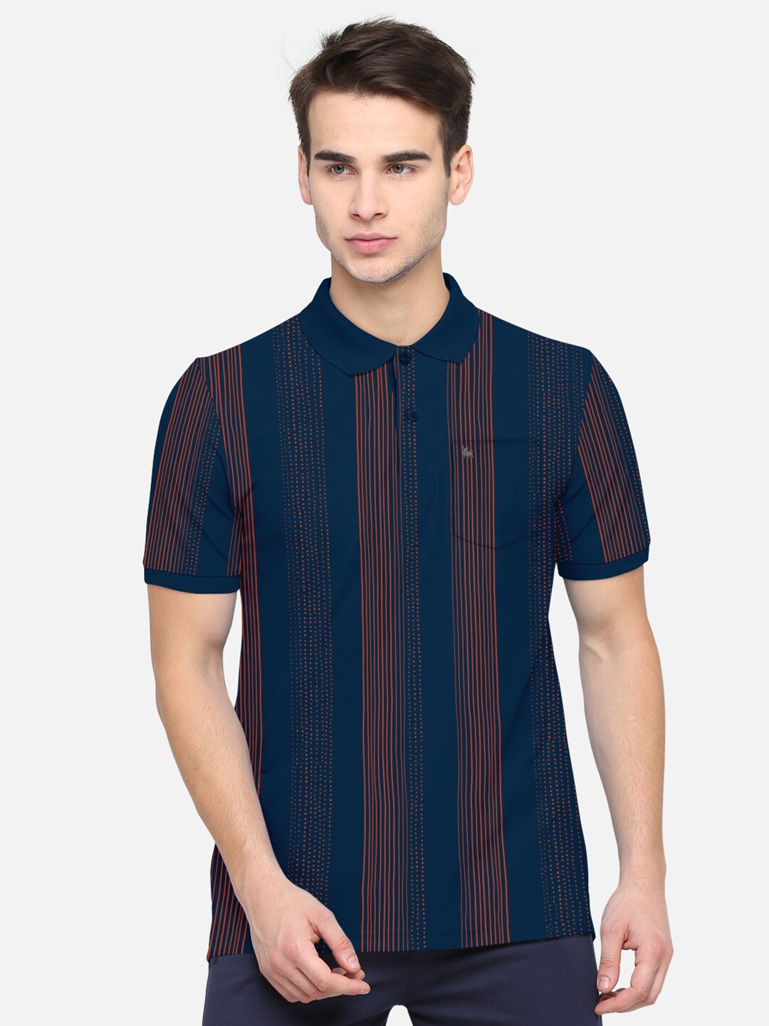 BULLMER Men Navy Blue & Brown Striped Polo Collar Extended Sleeves Bio Finish T-shirt
BULLMER Men Navy Blue & Brown Striped Polo Collar Extended Sleeves Bio Finish T-shirt