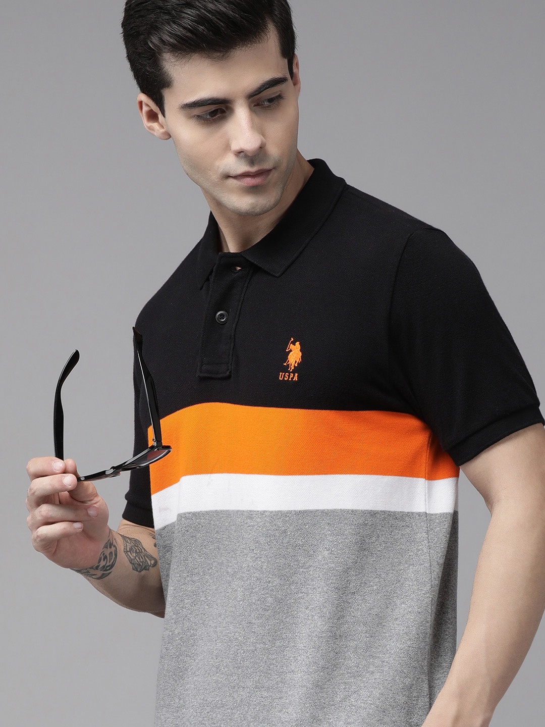 U S Polo Assn Men Black & Grey Colourblocked Polo Collar Slim Fit Pure Cotton T-shirt
U S Polo Assn Men Black & Grey Colourblocked Polo Collar Slim Fit Pure Cotton T-shirt