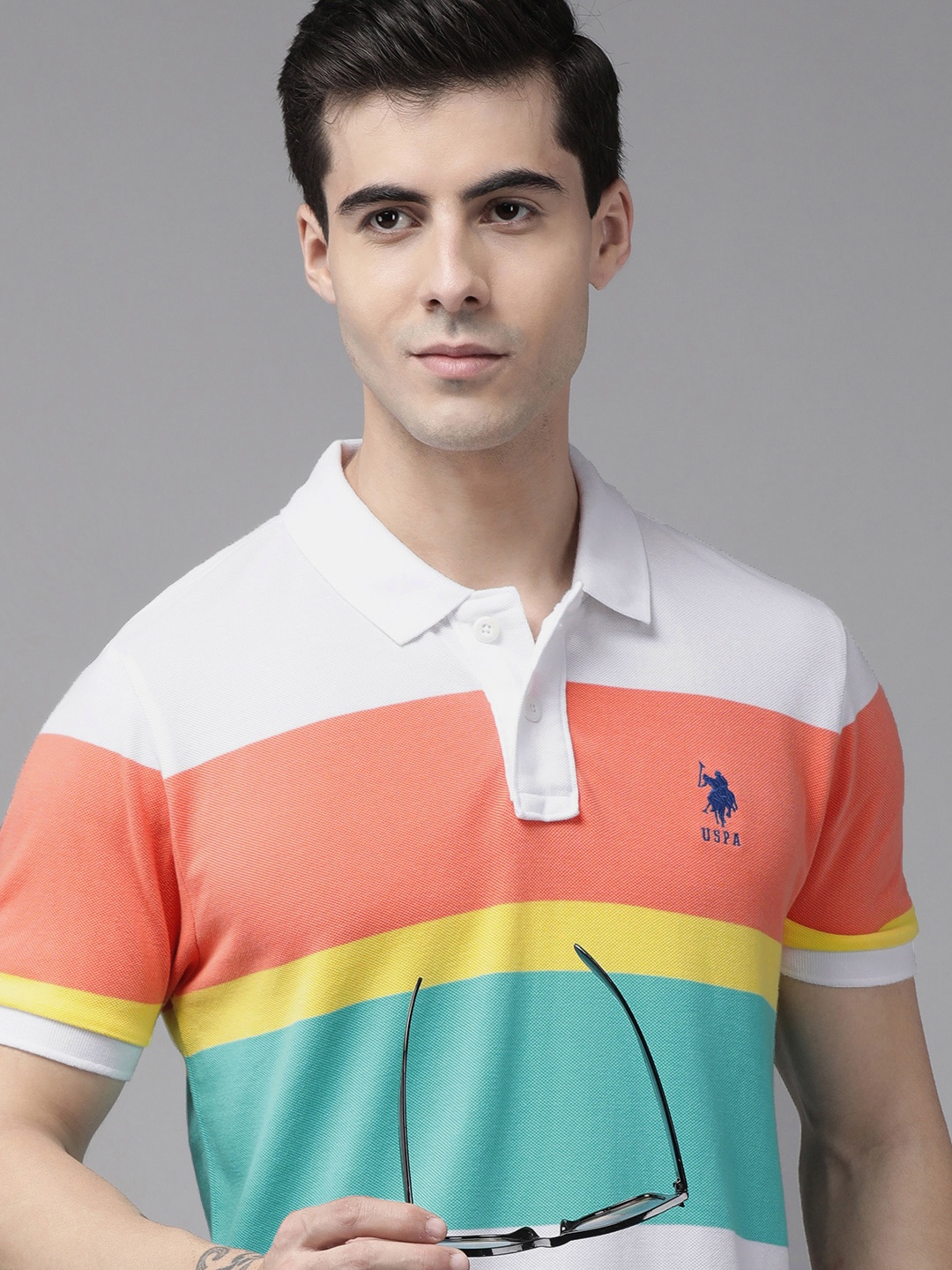 U S Polo Assn Men Peach-Coloured & White Striped Polo Collar Slim Fit Pure Cotton T-shirt
U S Polo Assn Men Peach-Coloured & White Striped Polo Collar Slim Fit Pure Cotton T-shirt