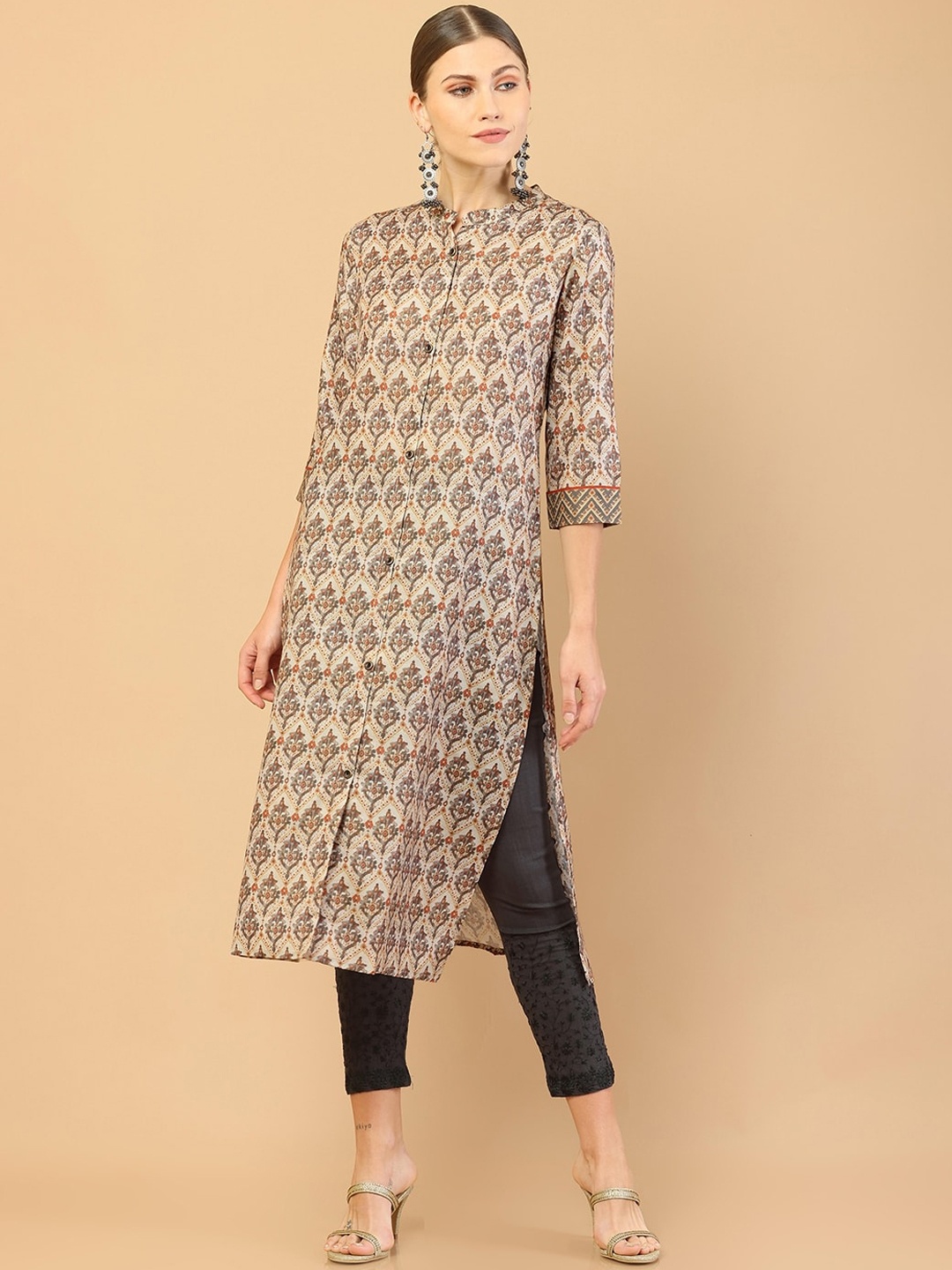 Soch Women Beige Ethnic Motifs Printed Straight Kurta