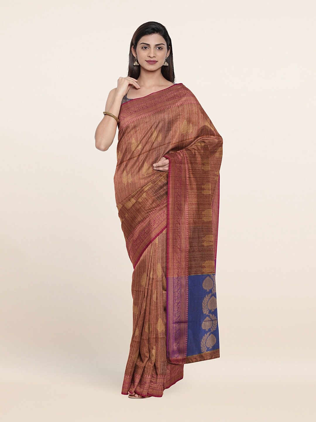 Pothys Brown & Blue Ethnic Motifs Zari Saree