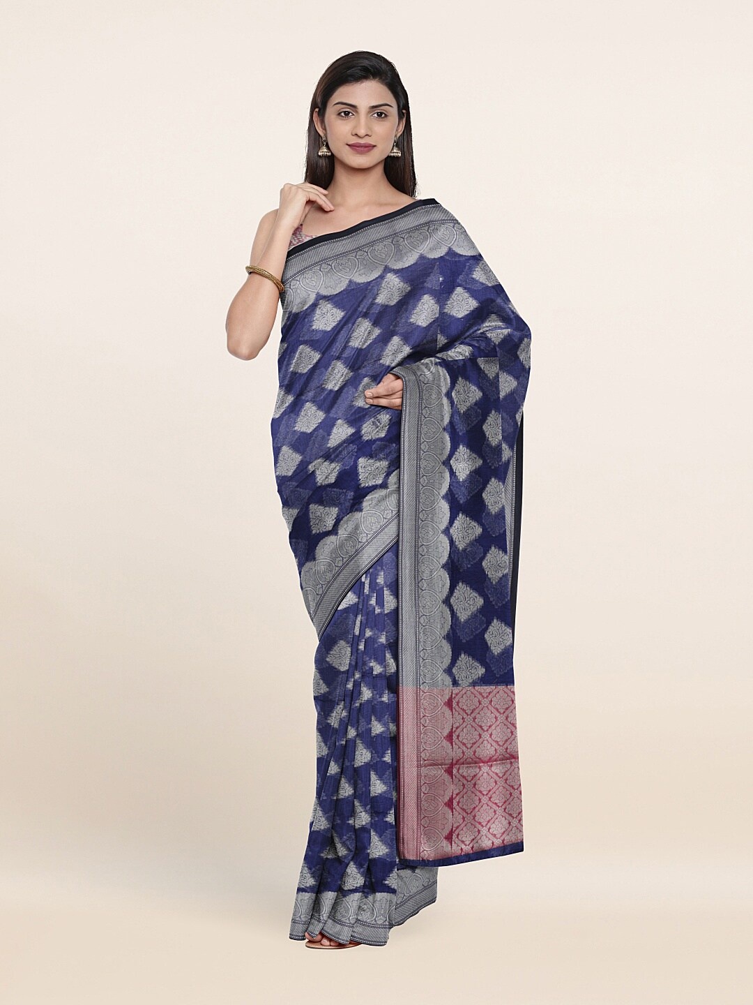 Pothys Blue & Silver-Toned Ethnic Motifs Zari Saree